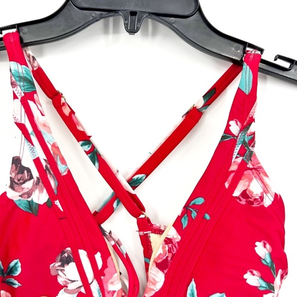 Kona Sol Floral One Piece Swimsuit Red Lace Up NWT Sz Small - Picture 4 of 5